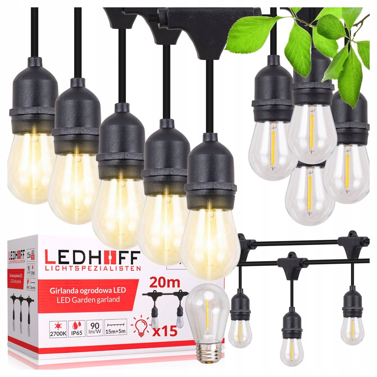 Girlanda ogrodowa Lampki LED świetlna Łańcuch 20m 15 żarówka E27 wytrzymała