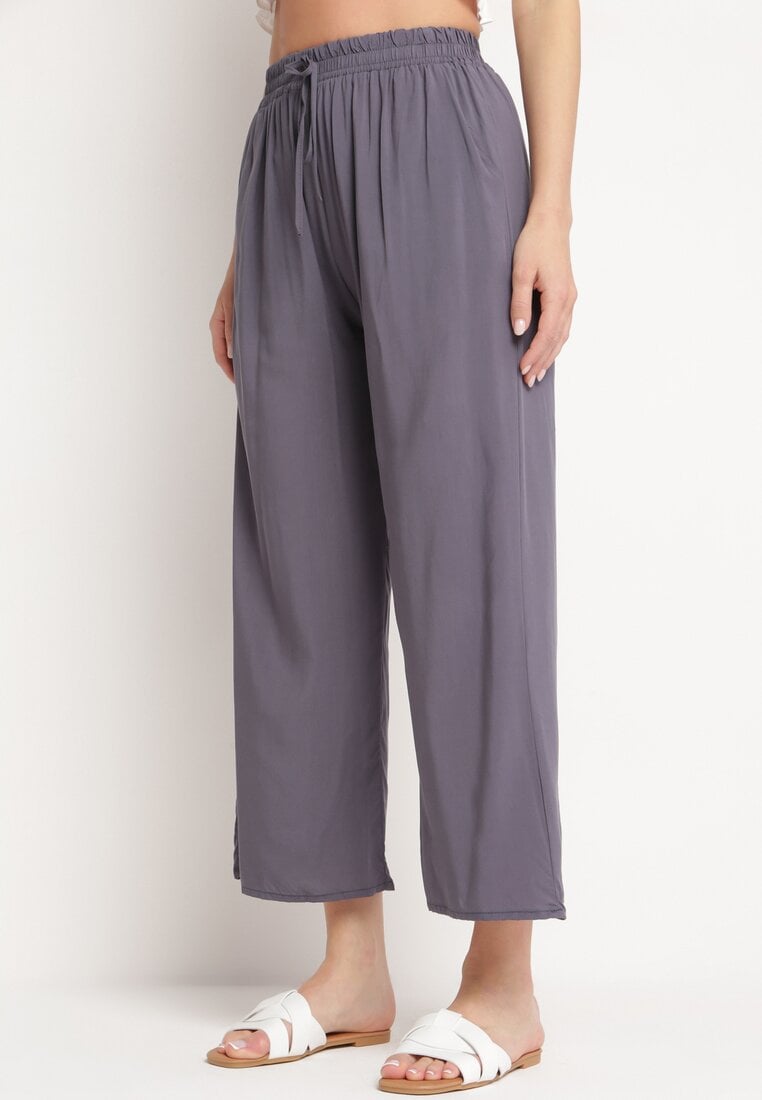 Ciemnoszare Bawełniane Spodnie z Szerokimi Nogawkami Palazzo z Gumką w Pasie Nesira