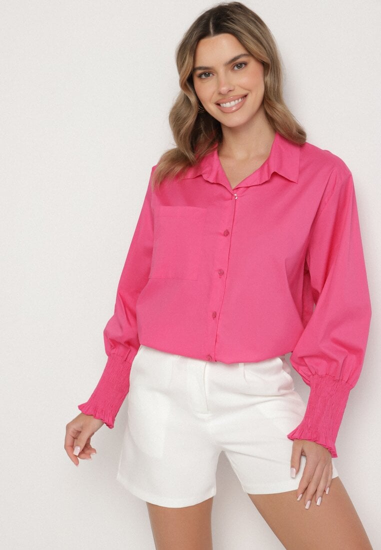 Fuksjowa Bawełniana Koszula z Marszczonymi Rękawami i Falbankami Tanandoria