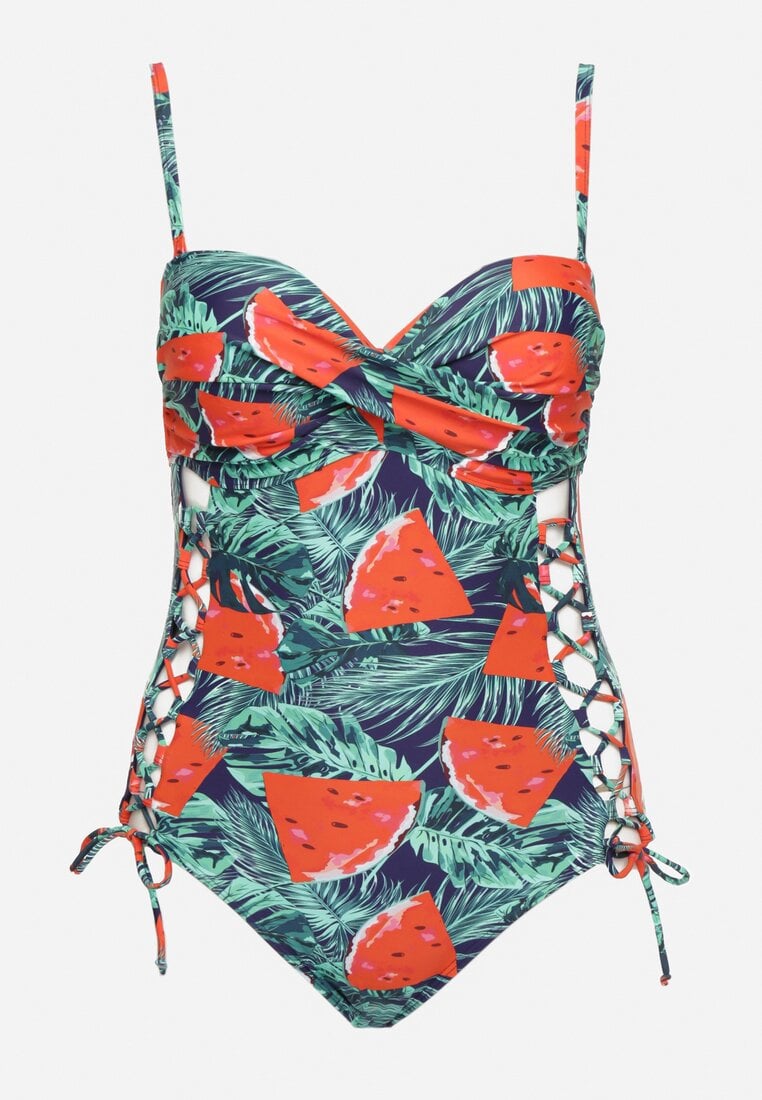 Granatowo-Czerwony Strój Kąpielowy z Motywem Liści i Wiązaniem Nevalitfe