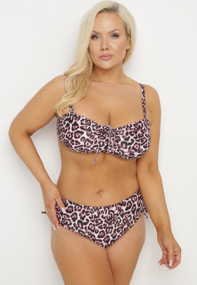 Brązowe Bikini Biustonosz z Wiązaniem i Majtki Figi ze Ściągaczami Uloselia