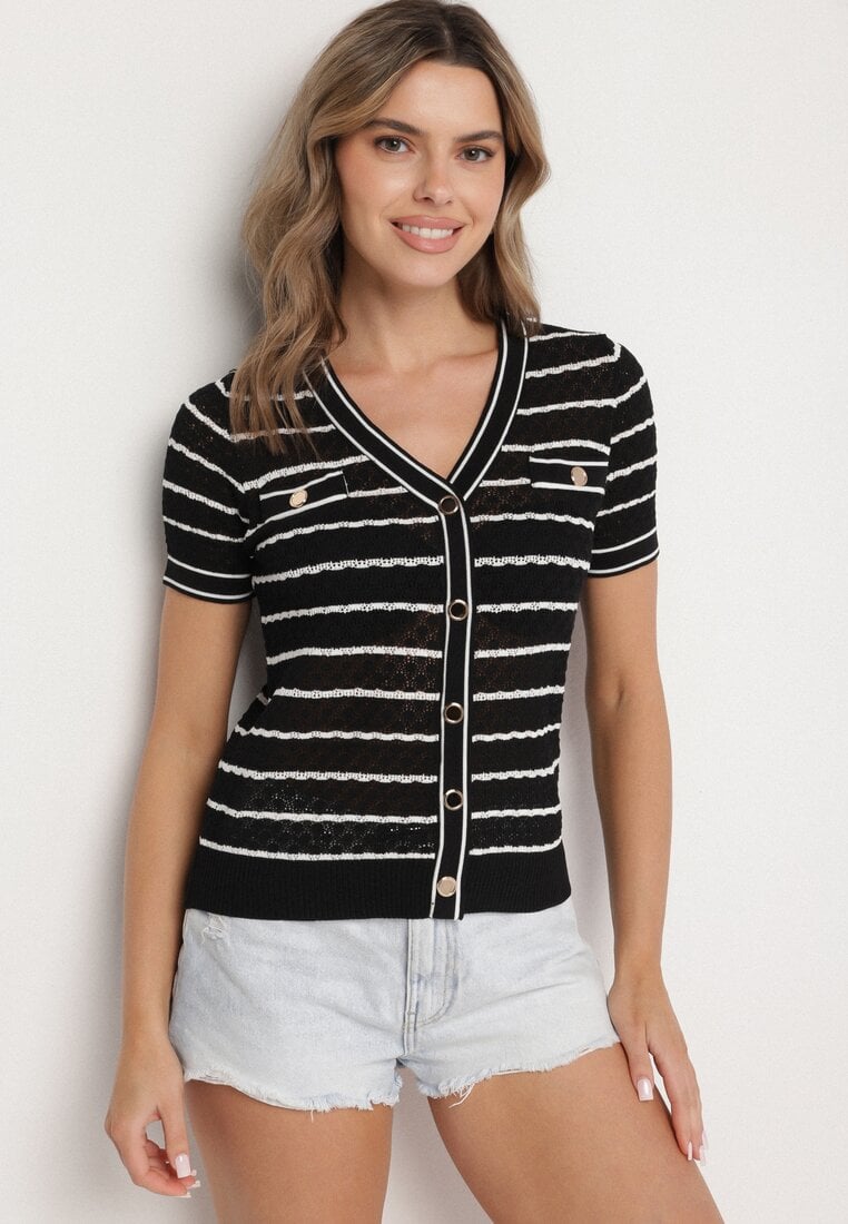 Czarna Bluzka z Wiskozą Ozdobiona Paskami i Guzikami Natanwena