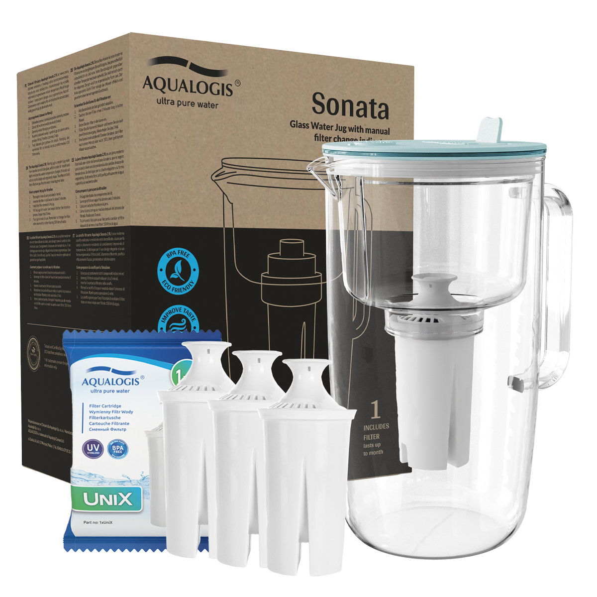 Szklany dzbanek filtrujący Sonata Niebieski + 3 wkłady UniX