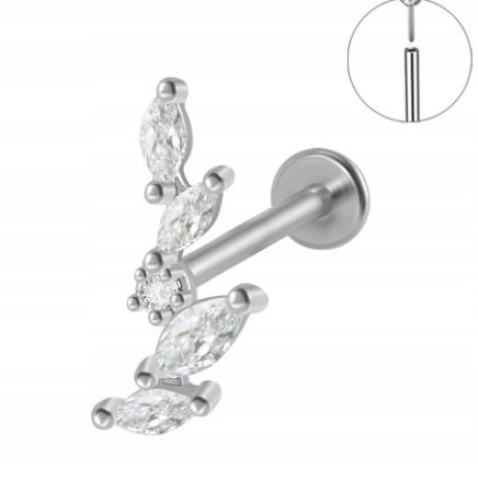 Srebrny Kolczyk PIERCING Labret z Cyrkoniami Listek Liść Stal Ch 316L 1,2/8