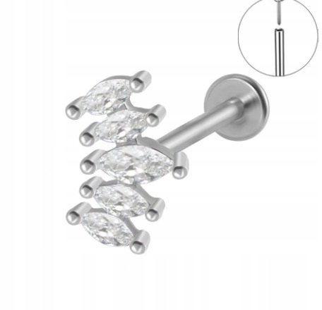 Srebrny Kolczyk PIERCING Labret z Cyrkoniami Stal Ch 316L 1,2/8