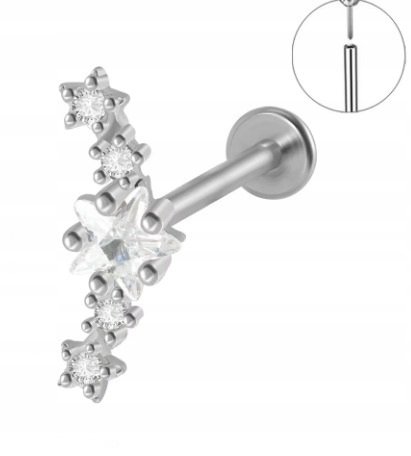 Srebrny Kolczyk PIERCING Labret z Gwiazdką Cyrkonie Stal Ch 316L 1,2/8