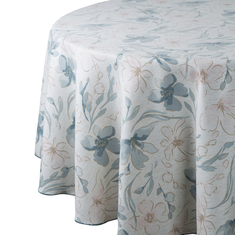 Obrus Ines 150 cm okrągły beżowy niebieski z nadrukiem kwiatów