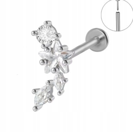 Srebrny Kolczyk PIERCING Labret z Gwiazdką Cyrkonie Stal Ch 316L 1,2/8