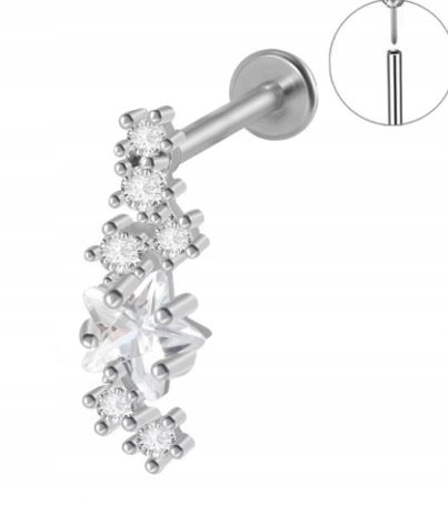 Srebrny Kolczyk PIERCING Labret z Gwiazdką i Cyrkoniami Stal Ch 316L 1,2/8