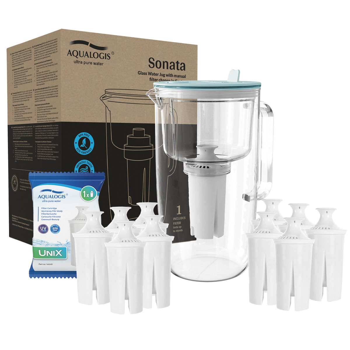 Szklany dzbanek filtrujący Sonata Niebieski + 10 wkładów UniX