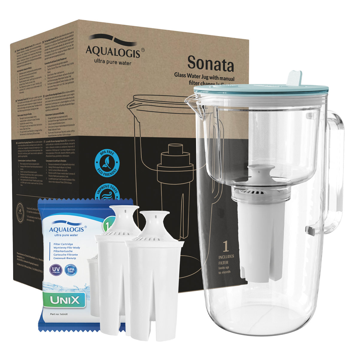 Szklany dzbanek filtrujący Sonata Niebieski + 2 wkłady UniX