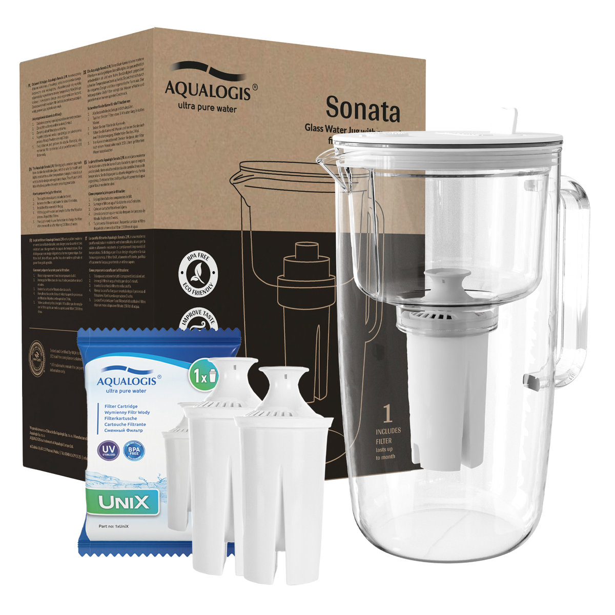Szklany dzbanek filtrujący Sonata Biały + 2 wkłady UniX