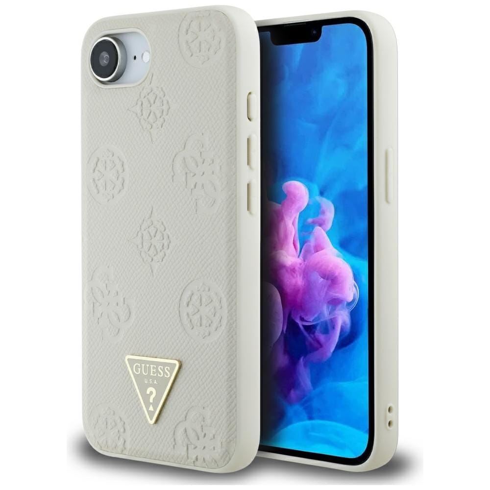 Etui Guess Grained Hot Stamp Peony Triangle Logo MagSafe do iPhone 16e beżowy
