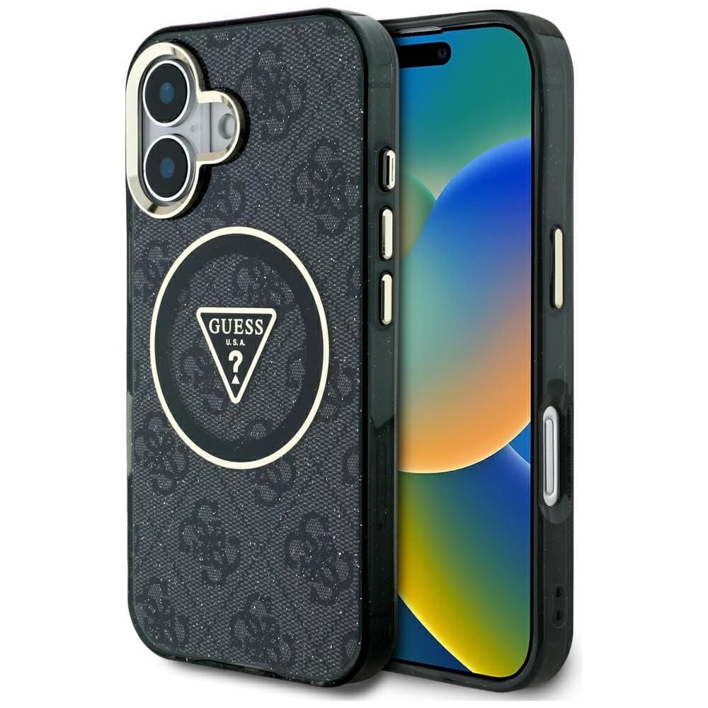 Etui Guess IML Metal Glitter 4G Circle Triangle MagSafe do iPhone 16 czarny