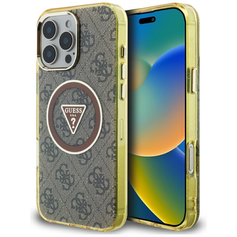 Etui Guess IML Metal Glitter 4G Circle Triangle MagSafe do iPhone 16 Pro Max brązowy