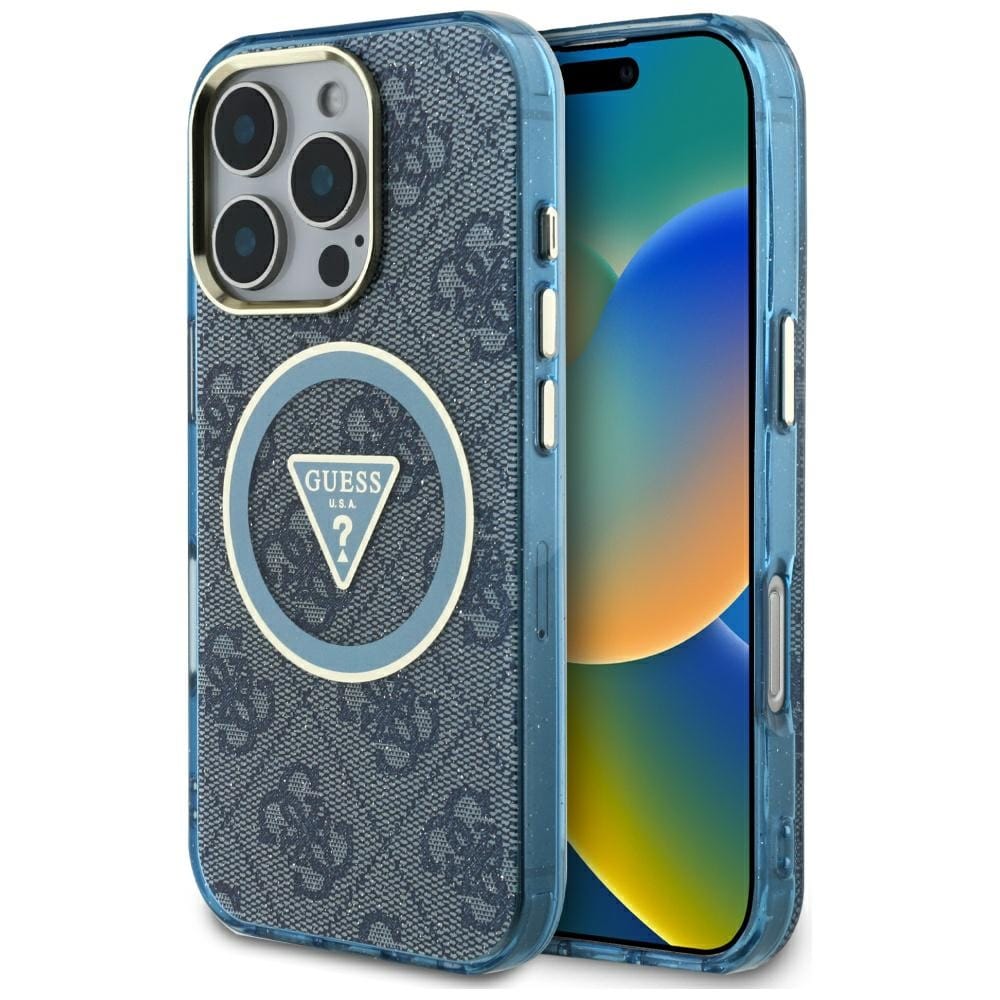 Etui Guess IML Metal Glitter 4G Circle Triangle MagSafe do iPhone 16 Pro niebieski