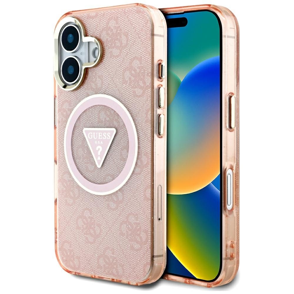Etui Guess IML Metal Glitter 4G Circle Triangle MagSafe do iPhone 16 różowy