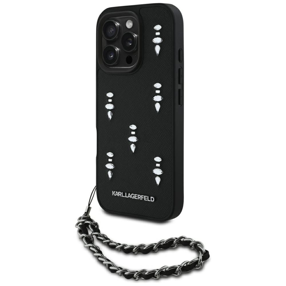 Etui Karl Lagerfeld Saffiano Crystals w/Chain do iPhone 16 Pro Max czarny