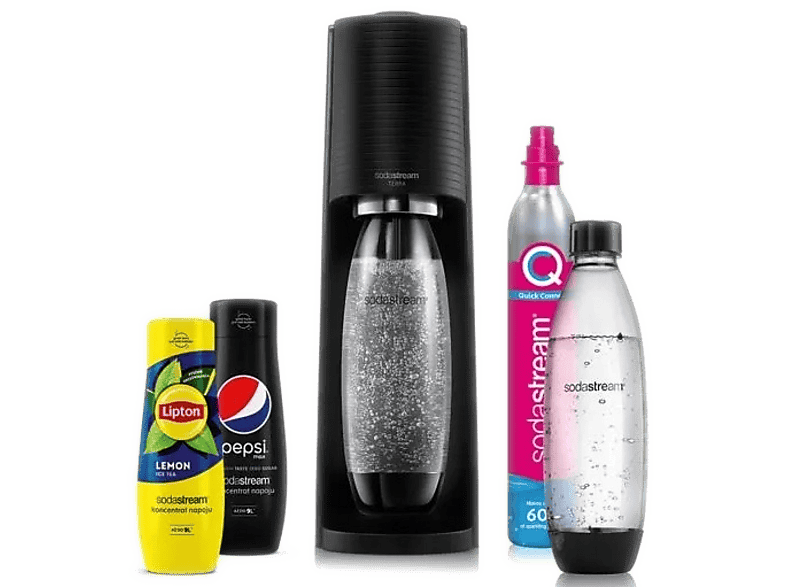 Saturator SODASTREAM Terra Black + nabój CO2 różowy 2 butelki Fuse 1l syropy (Pepsi, Lipton) Czarny