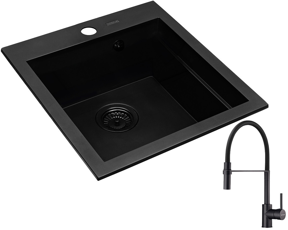 Zestaw Pyramis Zlewozmywak granitowy Siros 47x51,5 1B Black Edition + Bateria Serina