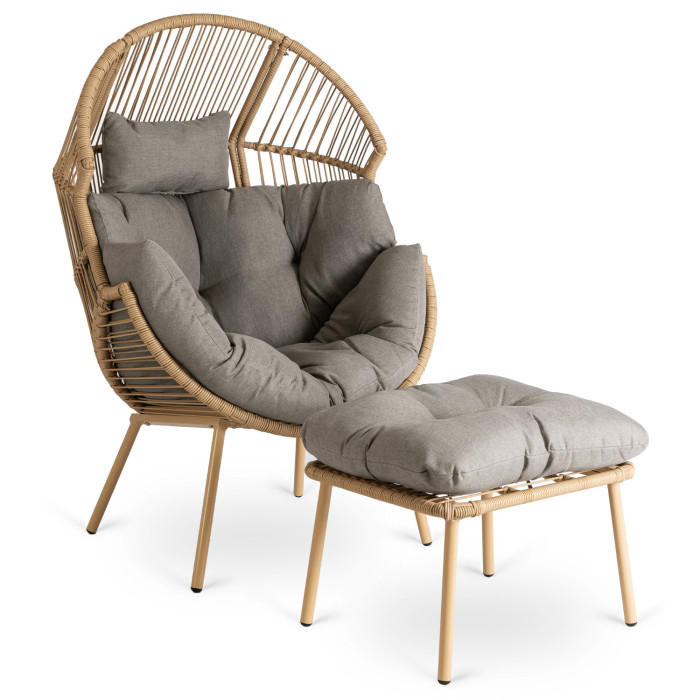 Fotel Ogrodowy z Podnóżkiem PORTLAND Kokon Wypoczynkowy Szary Nowoczesny Boho