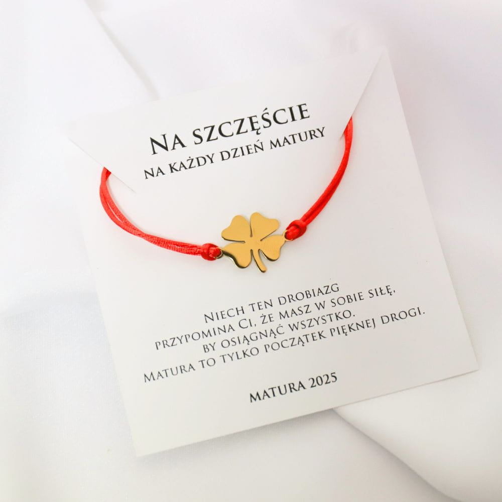 Prezent dla maturzysty z dedykacją bransoletka czerwona sznurek nitka na szczęście koniczyna