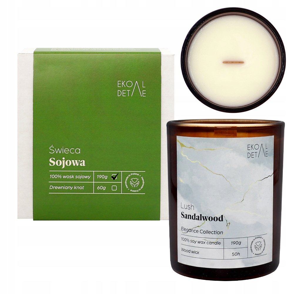 Świeca sojowa w szkle Lush Sandalwood, Kolekcja Elegance, 190 g ekodetale