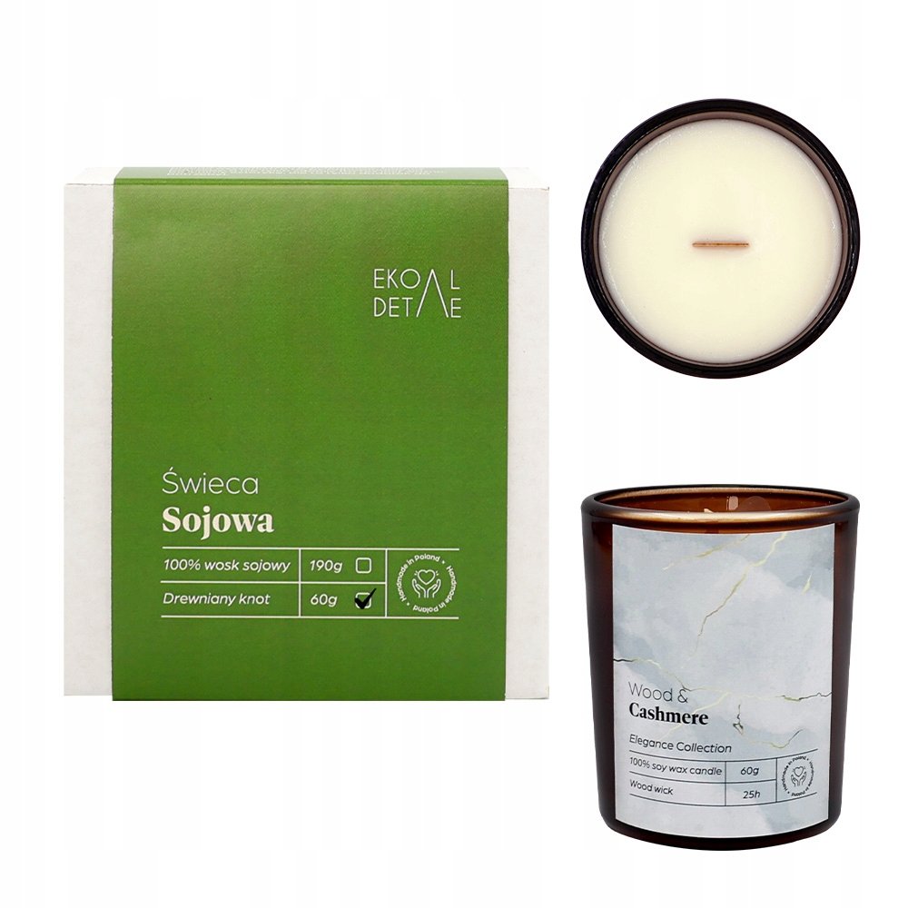 Świeca sojowa w szkle Wood & Cashmere, Kolekcja Elegance, 60 g ekoDetale