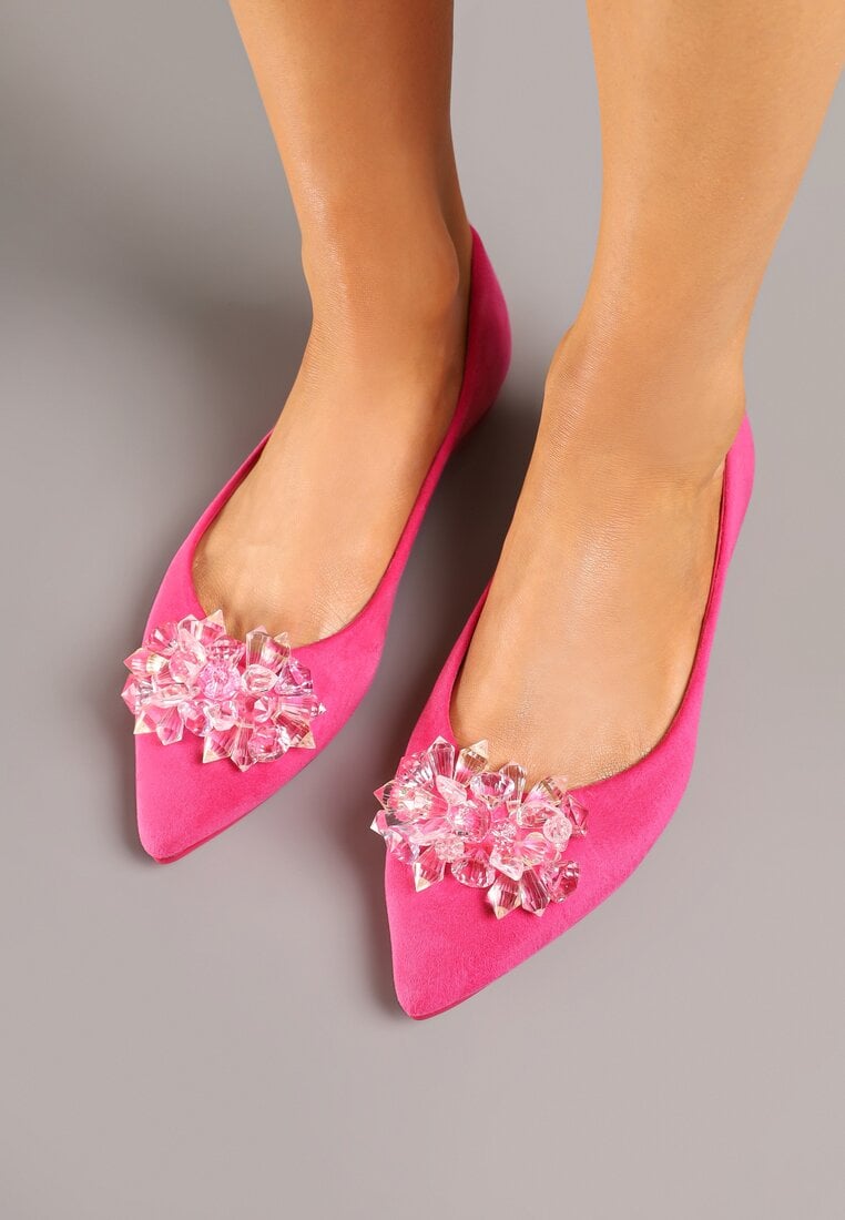 Fuksjowe Balerinki z Kryształkami na Spiczastym Nosku i Skórzaną Wkładką Vevania