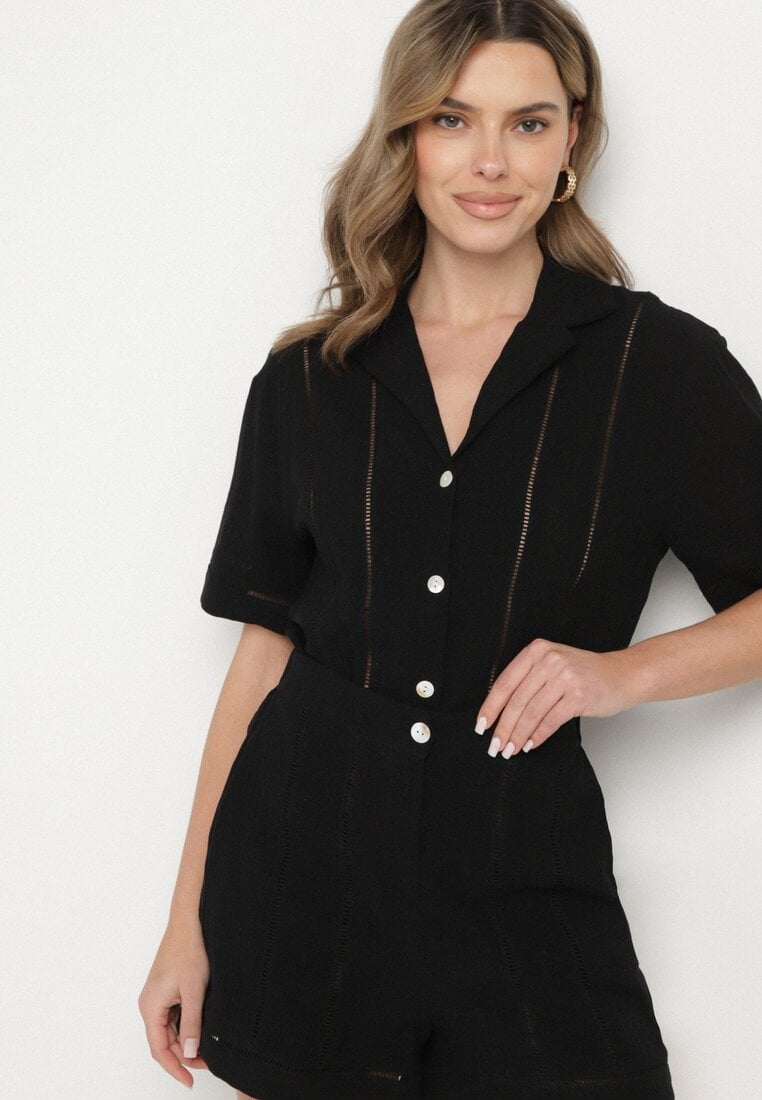 Czarna Bawełniana Koszula z Ażurowymi Wstawkami Nativra