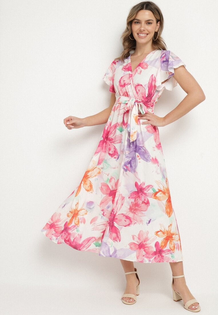 Fuksjowa Sukienka w Kwiaty o Kopertowym Kroju z Wiązanym Paskiem Redanae