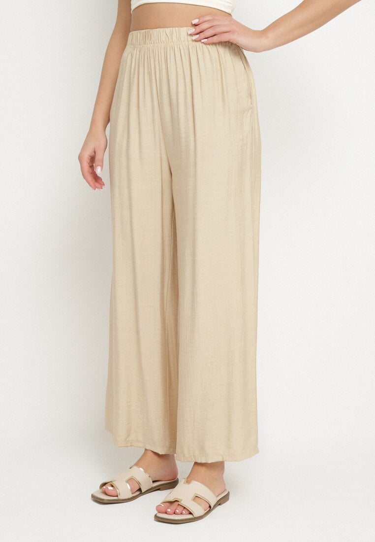 Beżowe Szerokie Spodnie Typu Palazzo z Wysokim Stanem Varlevi