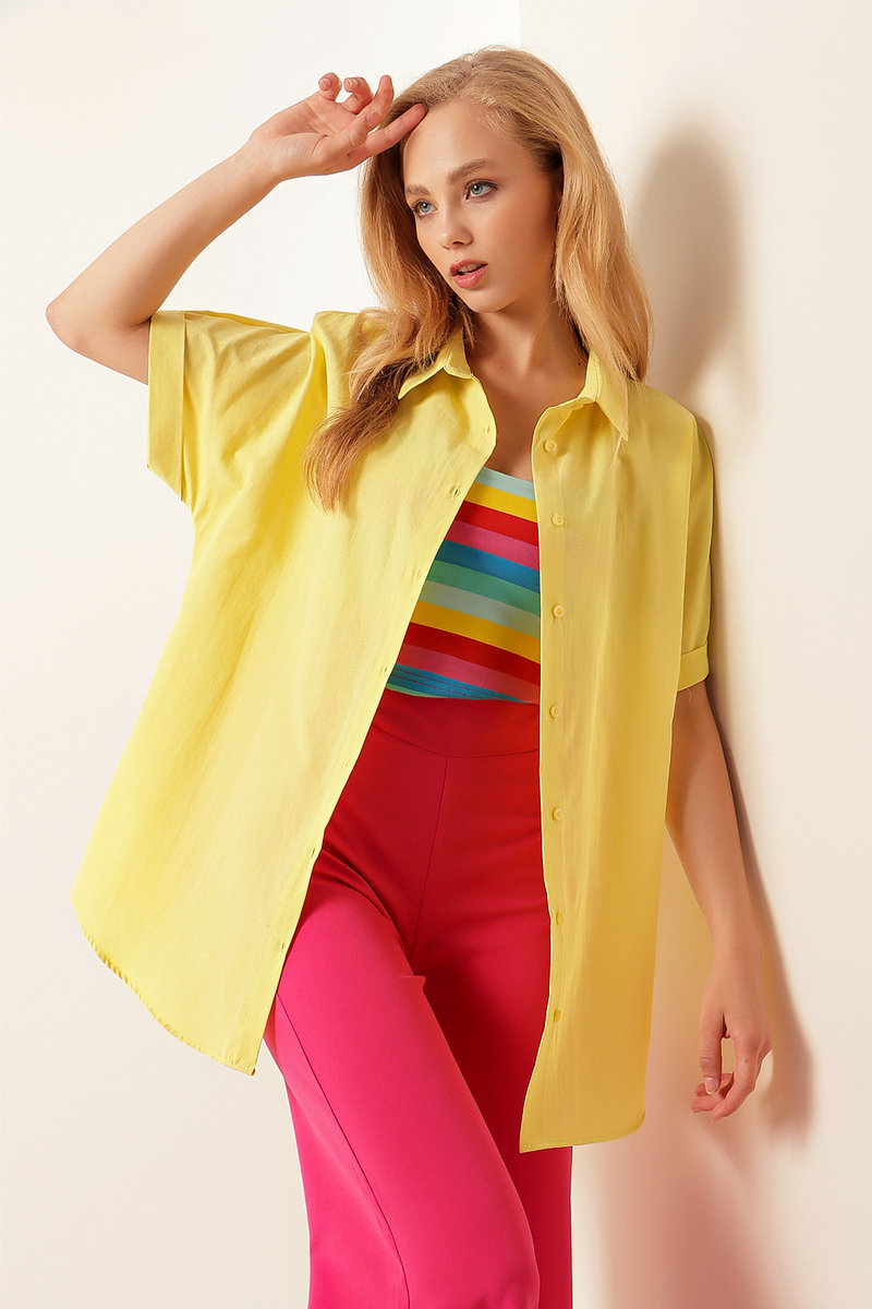 Koszula oversize z krótkim rękawem - żółty XL