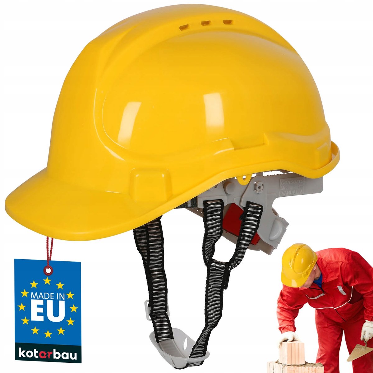 KASK OCHRONNY ŻÓŁTY BUDOWLANY HEŁM ROBOCZY REGULOWANY Z PASKIEM WENTYLOWANY