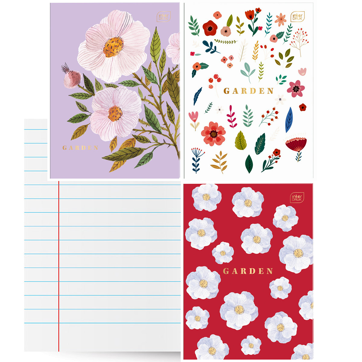 3X ZESZYT A4, 60 KARTEK, LINIA Z MARGINESEM, KWIATOWY OGRÓD, ZŁOTE ZDOBIENIA