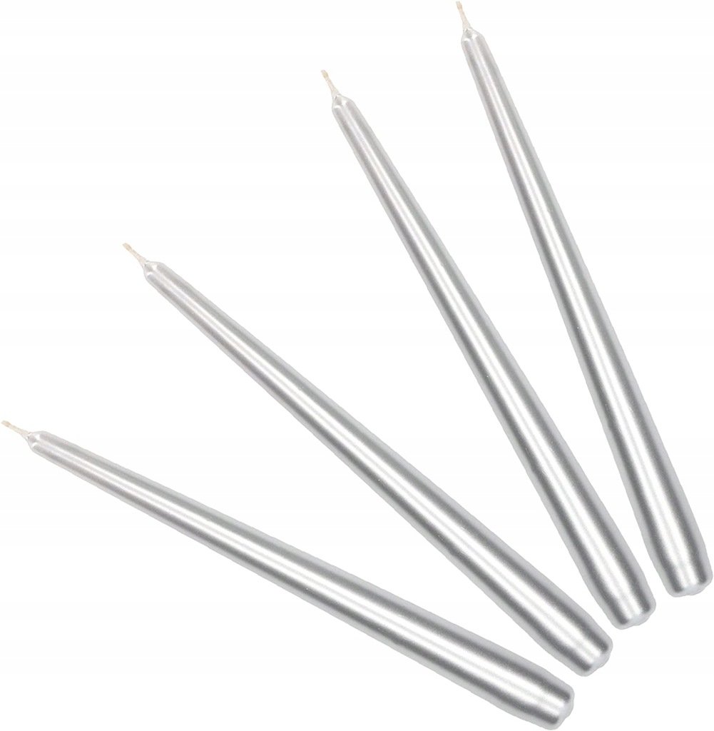 ZESTAW ŚWIECA STOŻEK SREBRNA METALIK STOŁOWA ŚWIECZKA KLASYCZNA ŚWIECE 4SZT