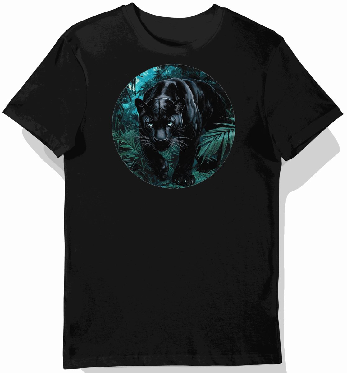 Koszulka męska czarna z motywem pantery w mistycznym blasku S