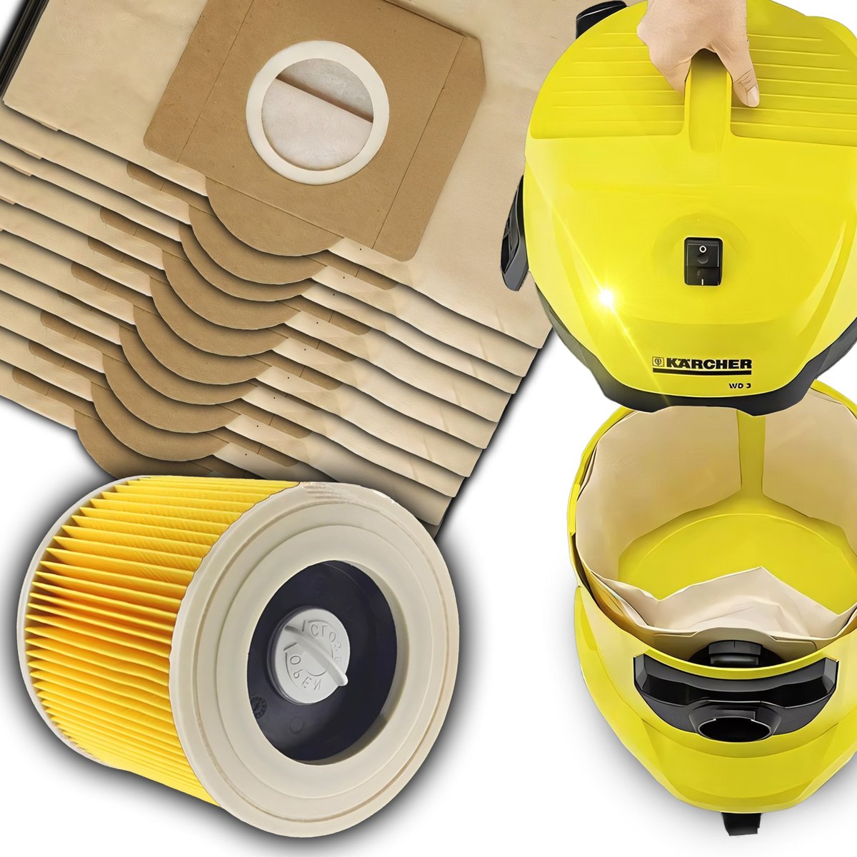 10x WORKI + FILTR DO ODKURZACZA KARCHER WD3 MV3 WD2 PAPIEROWE 2-WARSTWOWE