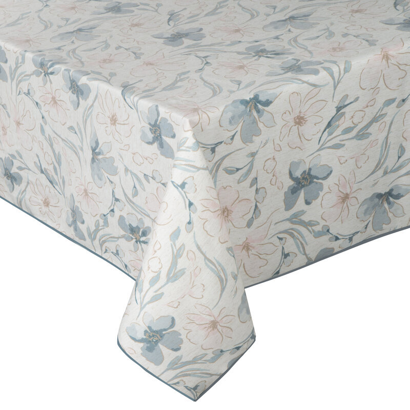 Obrus 145x350 Ines beżowy niebieski z nadrukiem kwiatów