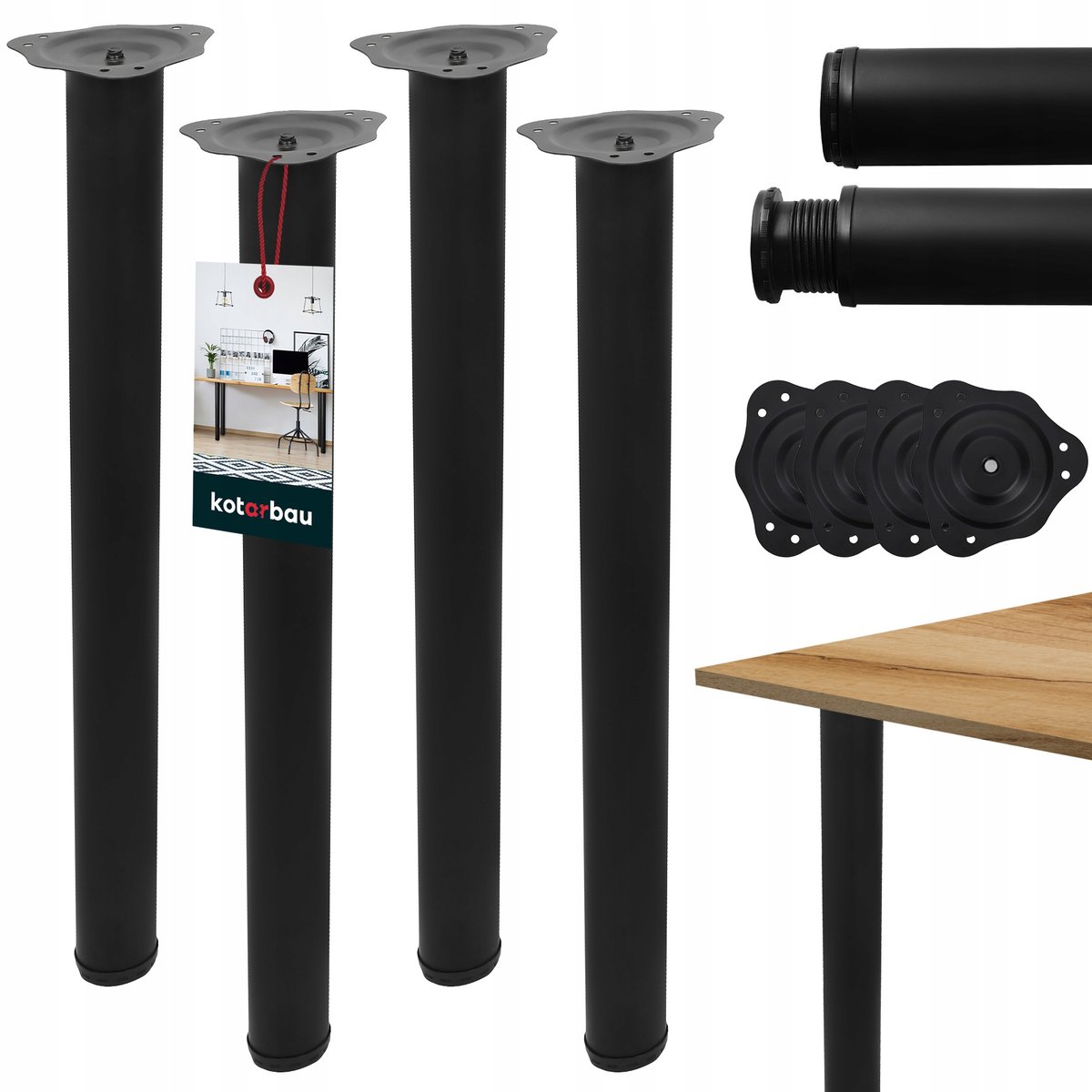 ZESTAW 4SZT NOGA STALOWA DO STOŁU BIURKA STOLIKA Ø 60 MM CZARNA LOFT 710 MM