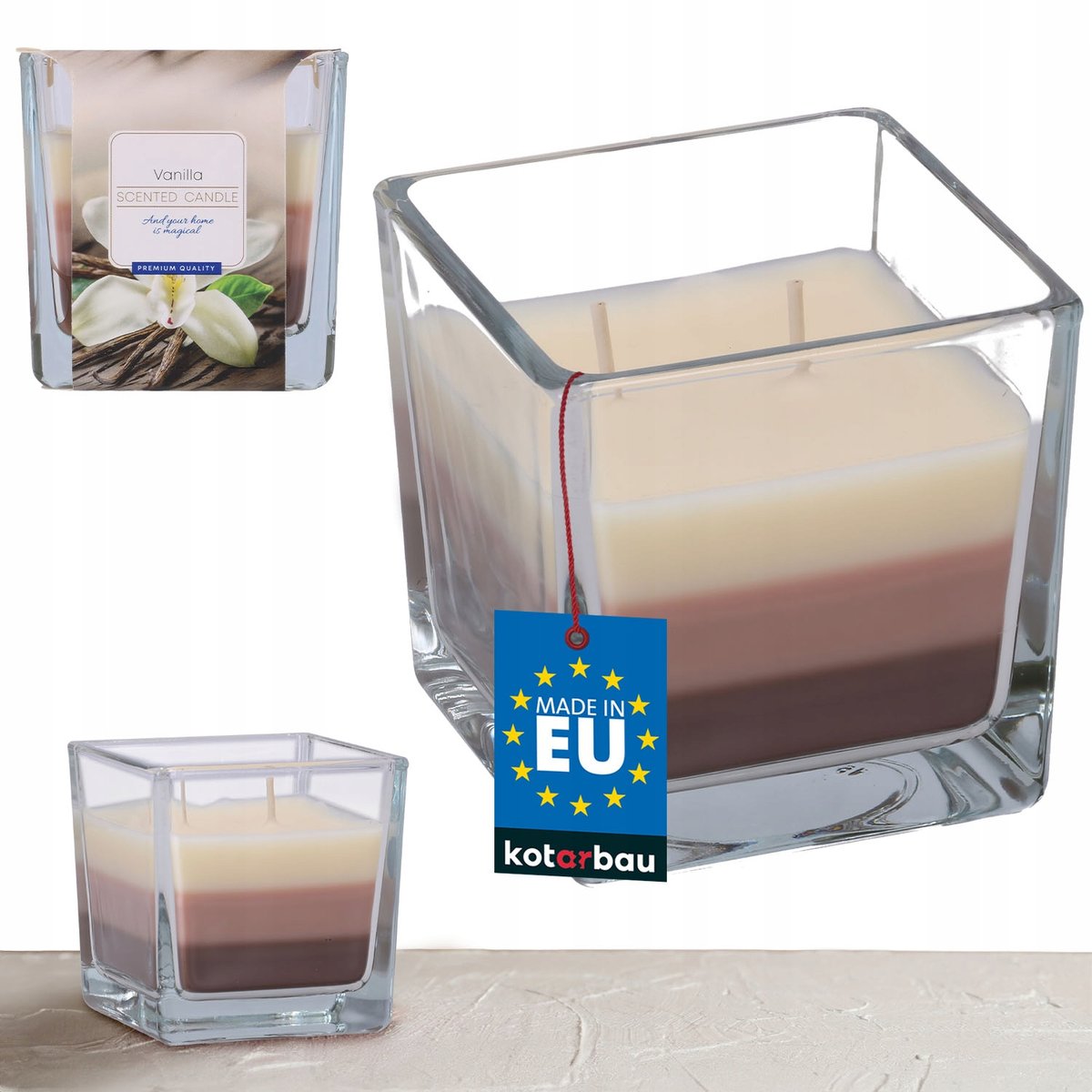 ŚWIECA ŚWIECZKA 32 H TRÓJKOLOROWA ZAPACHOWA SZKLANA WANILIA OZDOBNA MAŁA