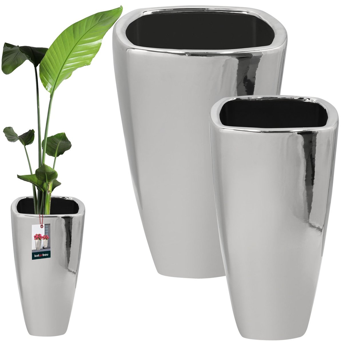 ZESTAW 2X DONICZKA DONICA SREBRNA CERAMICZNA KWIATY ROŚLINY POŁYSK ODPŁYW