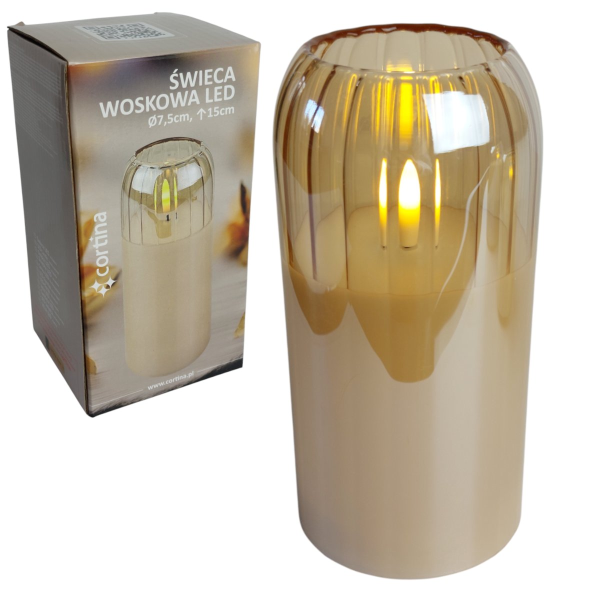 SZKLANA ŚWIECA WOSKOWA LED 15 CM OZDOBA ŚWIECZKA Z EFEKTEM PŁOMIENIA ZŁOTA