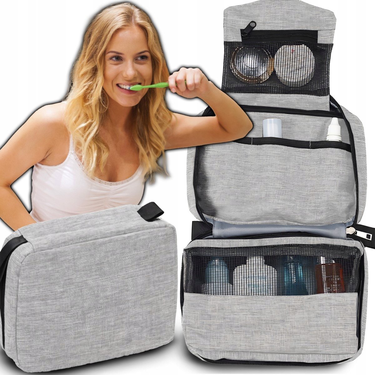 Kosmetyczka Podróżna Damska Męska Organizer Torba Wisząca Z Haczykiem Szara