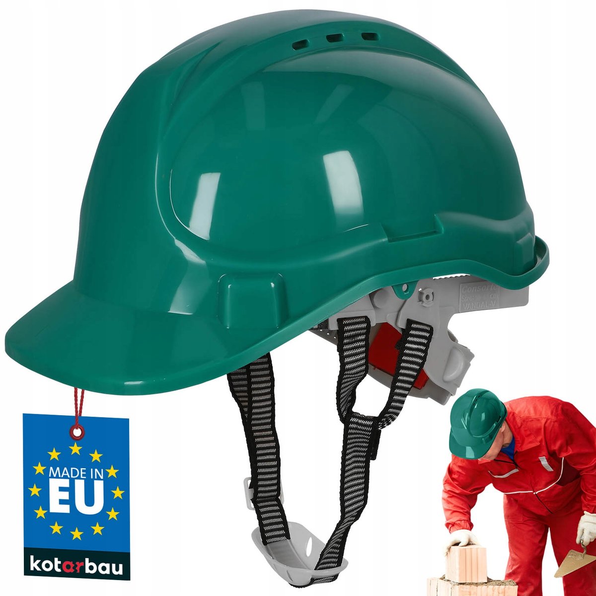 KASK OCHRONNY ZIELONY BUDOWLANY HEŁM ROBOCZY REGULOWANY PASKIEM WENTYLOWANY