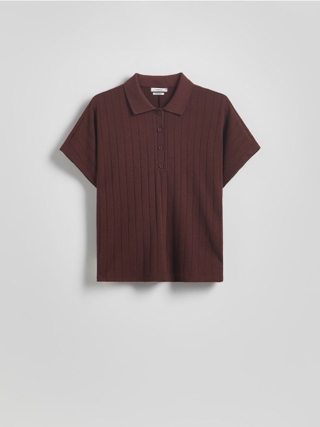 Reserved - T-shirt polo z dodatkiem lyocellu - brązowy