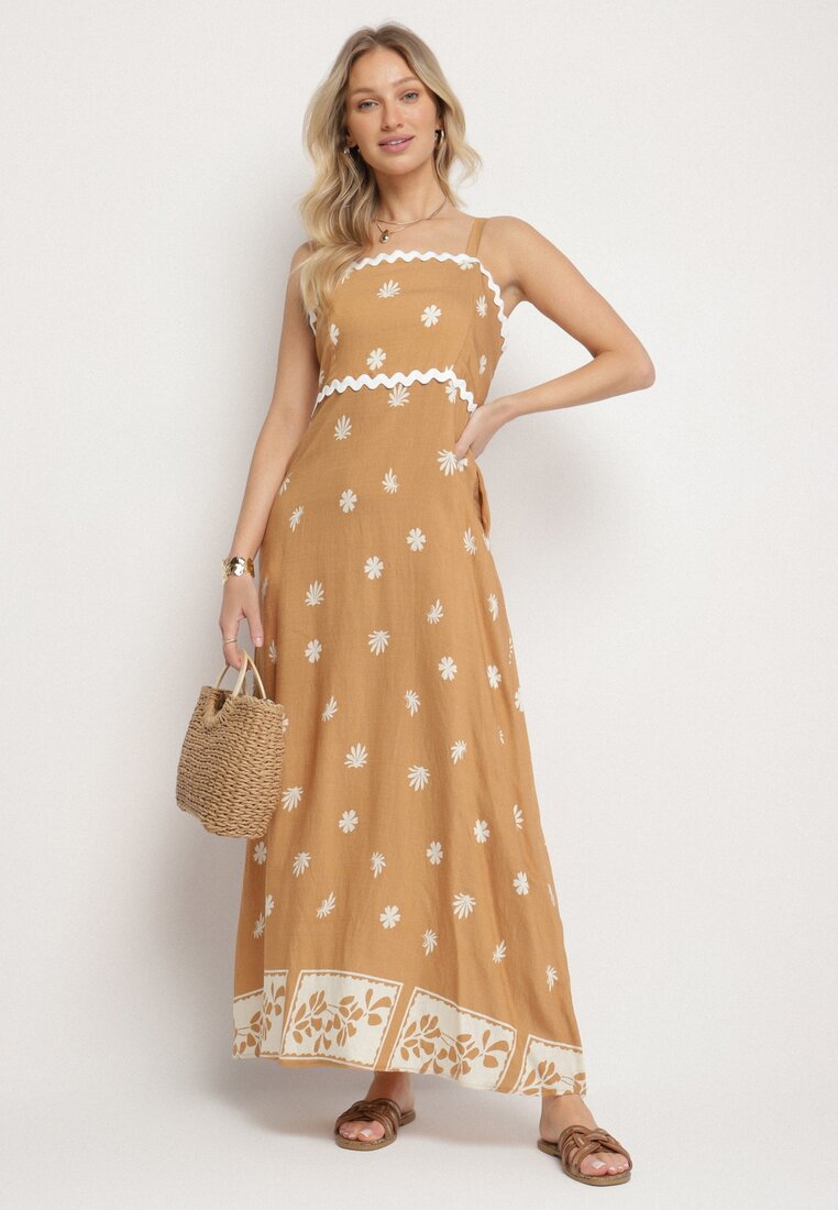 Brązowa Wiskozowa Sukienka z Geometrycznym Wzorem Lenirisa