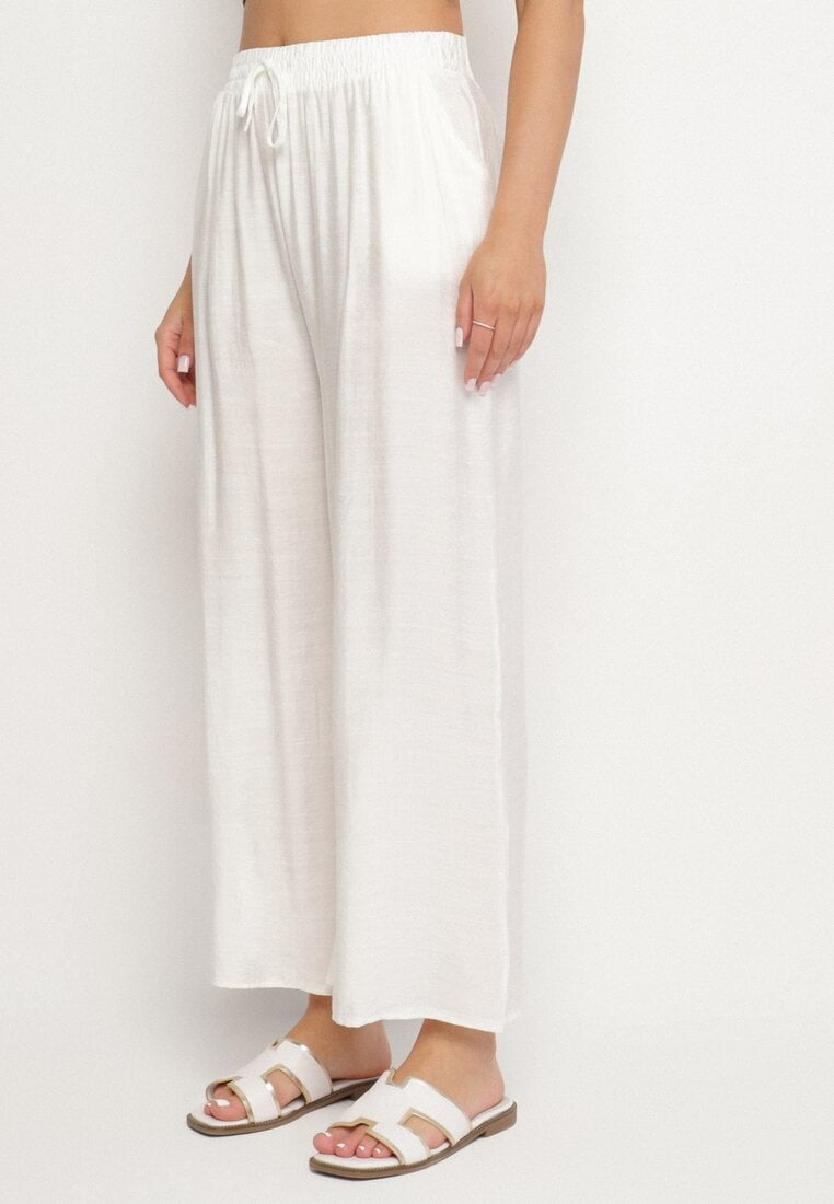 Jasnobeżowe Wiskozowe Szerokie Spodnie z Wysokim Stanem Divola