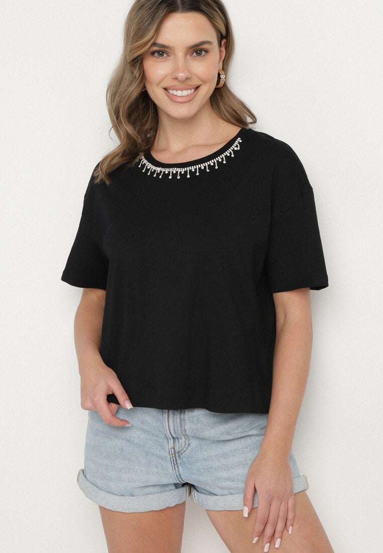 Czarny Bawełniany T-shirt Ozdobiony Cyrkoniami Fadelis