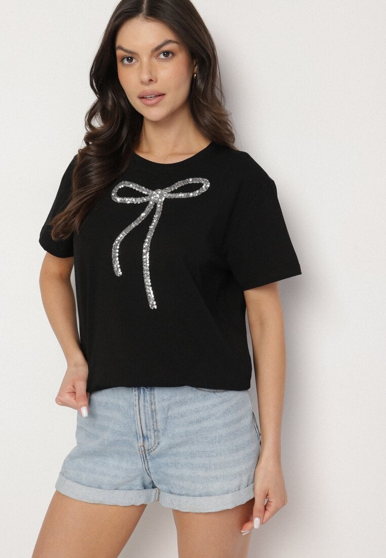 Czarny T-shirt Oversize z Bawełny Zdobiony Kokardą z Cekinów Tenesela